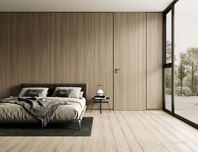 Modern Minimalist Bedroom Interior With Wooden Walls Bed Nightstand Lamp And Large Windows 3d model 