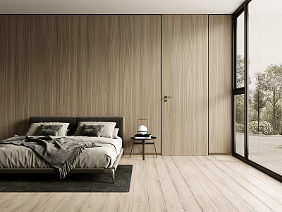 Modern Minimalist Bedroom Interior With Wooden Walls Bed Nightstand Lamp And Large Windows 3d model