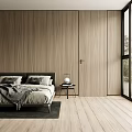 Modern Minimalist Bedroom Interior With Wooden Walls Bed Nightstand Lamp And Large Windows