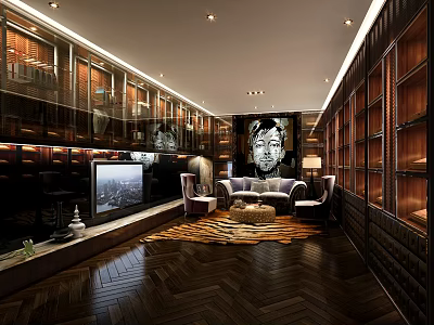 Luxury Living Room Interior With Dark Wooden Walls Large TV Sofa And Patterned Rug 3d model
