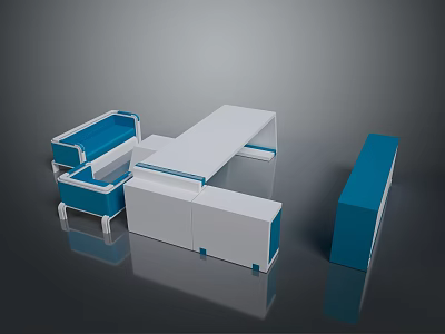 Modern White Dining Table With Blue Seats And Contemporary Storage Design 3d model