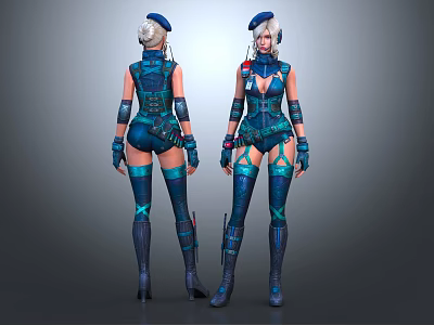 Female Sci Fi Characters In Blue Tactical Combat Armor Suits Standing 3d model