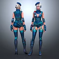 Female Sci Fi Characters In Blue Tactical Combat Armor Suits Standing