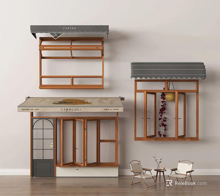 Various Storefront Awning Designs Featuring Wooden Frames Decorative Elements and Outdoor Seating 3d model