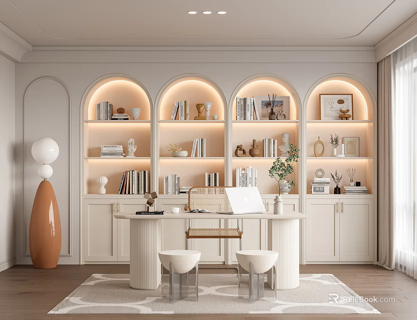 Elegant Modern Study Room Interior With Arched Bookshelves Lighting Round Desk And Decorations 3d model 
