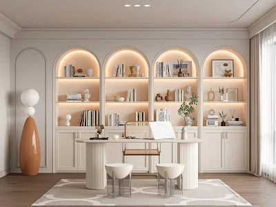 Elegant Modern Study Room Interior With Arched Bookshelves Lighting Round Desk And Decorations 3d model