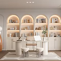 Elegant Modern Study Room Interior With Arched Bookshelves Lighting Round Desk And Decorations