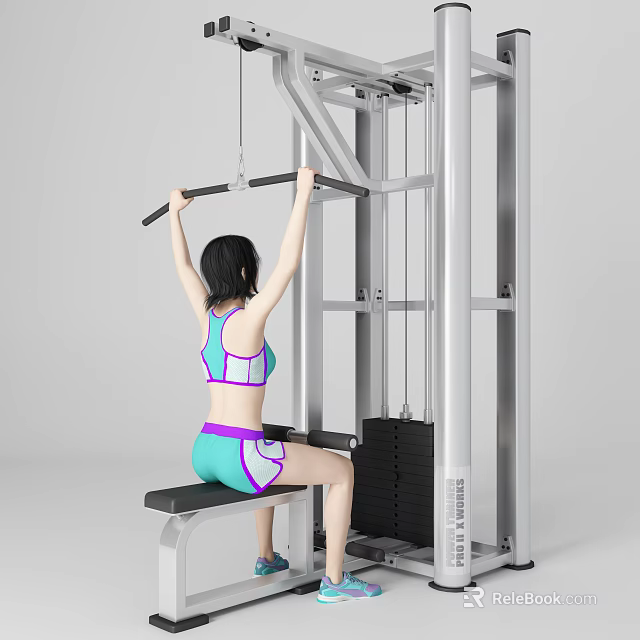 Woman Sitting Exercising on Lat Pulldown Machine Wearing Sports Bra and Shorts 3d model 