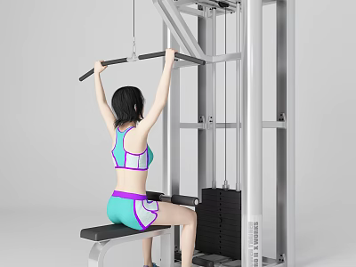 Woman Sitting Exercising on Lat Pulldown Machine Wearing Sports Bra and Shorts 3d model