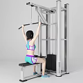 Woman Sitting Exercising on Lat Pulldown Machine Wearing Sports Bra and Shorts