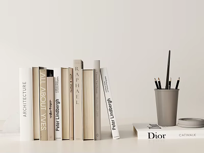 Minimalist Decorative Ornament Set With Stacked Books Pen Holder And Pens 3d model