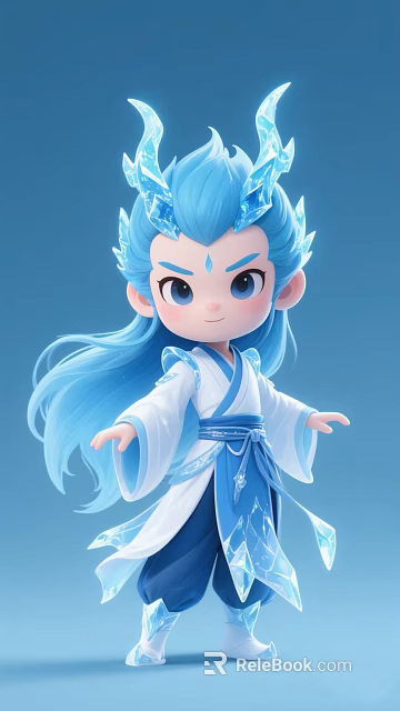 Adorable Fantasy Game Character With Blue Hair Horns And Traditional White Blue Costume 3d model 