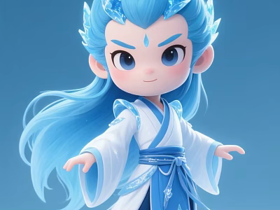 Adorable Fantasy Game Character With Blue Hair Horns And Traditional White Blue Costume 3d model
