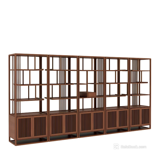 Chinese Style Wooden Display Shelf Featuring Multiple Layers And Lattice Doors 3d model 