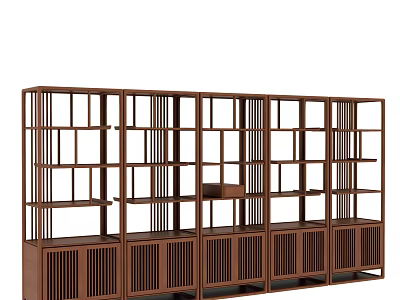 Chinese Style Wooden Display Shelf Featuring Multiple Layers And Lattice Doors 3d model