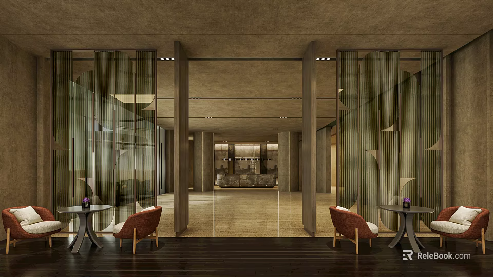 Modern Hotel Lobby Interior Design Featuring Green Silk Curtains Brown Armchairs And Wooden Flooring 3d model 