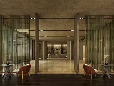Modern Hotel Lobby Interior Design Featuring Green Silk Curtains Brown Armchairs And Wooden Flooring 3d model