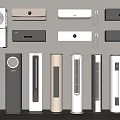Modern Air Conditioners and Fans Various Styles Displayed on Wall and Floor