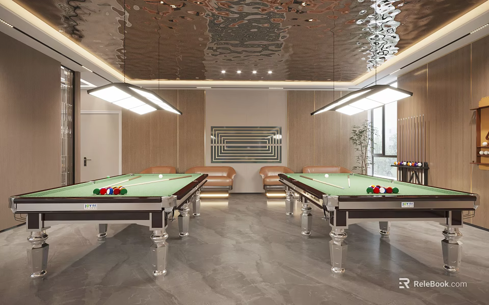 Modern Clubhouse Interior With Snooker Tables And Sofas 3d model 