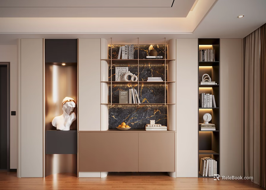 Modern Elegant Decorative Cabinet With Open Marble Shelves Books Sculptures And Built In Lighting 3d model 