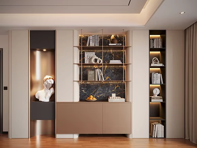 Modern Elegant Decorative Cabinet With Open Marble Shelves Books Sculptures And Built In Lighting 3d model