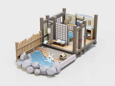 Traditional Japanese Cottage Featuring Onsen Garden With Wooden Fence And Stone Decorations 3d model
