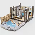 Traditional Japanese Cottage Featuring Onsen Garden With Wooden Fence And Stone Decorations