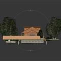 Detached Villa with Brown Roof Design and Fenced Yard Surrounded by Trees and Lawn