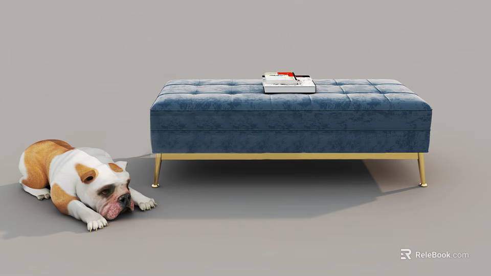 Blue Tufted Ottoman With Gold Metal Legs Book And Red Pen Near White Brown Bulldog 3d model 