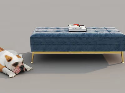 Blue Tufted Ottoman With Gold Metal Legs Book And Red Pen Near White Brown Bulldog 3d model