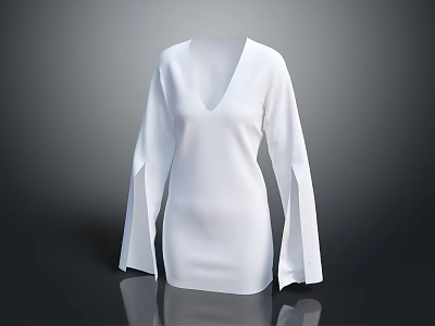 White V Neck Long Sleeve Dress With Bell Sleeves And Smooth Fabric Design 3d model
