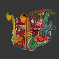 Colorful Parade Float With Orange Horns Red Green Structures And Playful Animal Creatures
