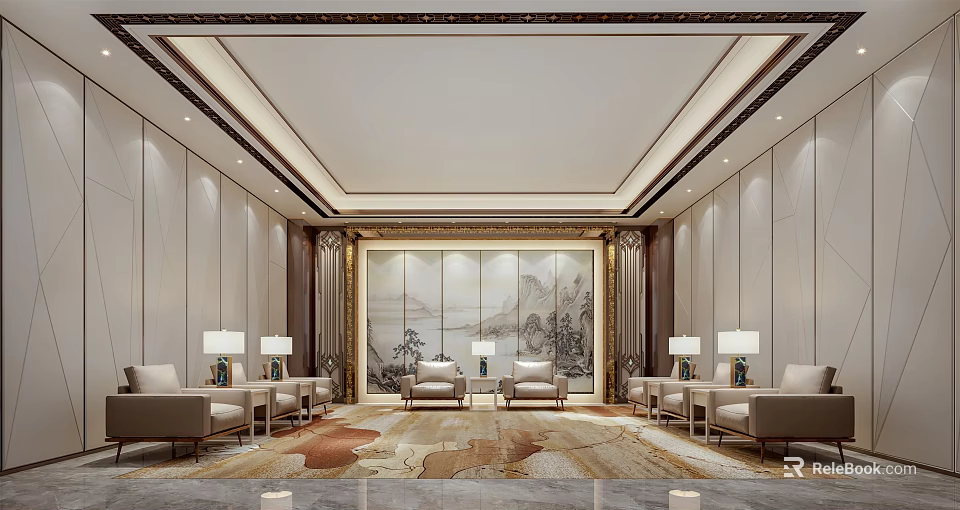 Elegant Hotel Public Lounge Interior with Comfortable Sofas and Artistic Wall Decor 3d model