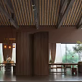 Rustic Café Interior With Wooden Striped Ceiling Stone Wall COFFEE Sign Pendant Lights And Bookshelves