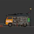 Parked Modified Vehicle With Camouflage Design Street Lamp Barriers Traffic Cones And Green Light