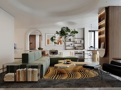 Modern Living And Dining Room With Curved Design Green Plant Bookshelves Sofa And Coffee Table 3d model