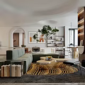 Modern Living And Dining Room With Curved Design Green Plant Bookshelves Sofa And Coffee Table