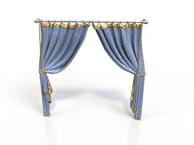 Elegant Blue Curtain With Gold Accents Draped On Decorative Metal Rod 3d model
