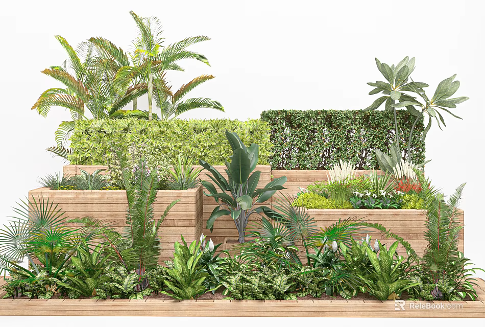 Bonsai and Potted Plants Garden Design Featuring Green Wall And Wooden Planters 3d model 