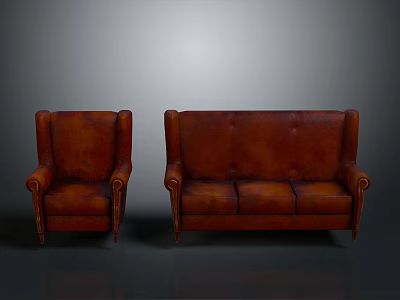 Vintage Brown Leather Sofa And Armchair Furniture Set For Living Room 3d model