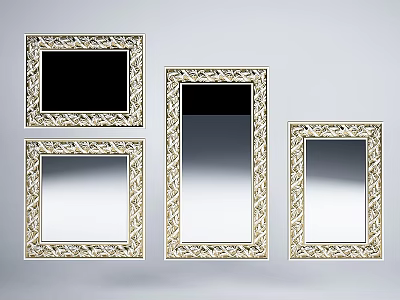Ornate Carved Frame Mirrors In Various Shapes And Sizes On Gray Background 3d model