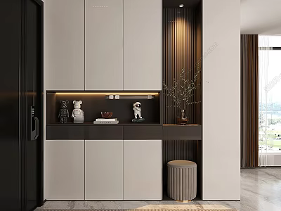Modern Shoe Cabinet With White Gray Cabinets Countertop Decorative Figurines And Potted Plant 3d model