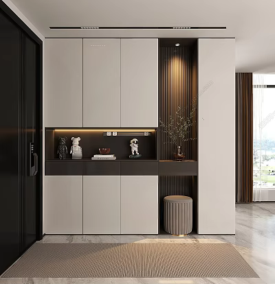 Modern Shoe Cabinet With White Gray Cabinets Countertop Decorative Figurines And Potted Plant 3d model