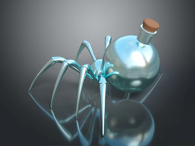 Silver Metallic Spider With Glass Bottle Wooden Cork On Dark Background And Reflection 3d model