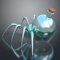 Silver Metallic Spider With Glass Bottle Wooden Cork On Dark Background And Reflection