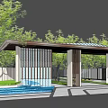 Modern Entrance Gate Design With Canopy Wooden Slats Water Pool And Trees