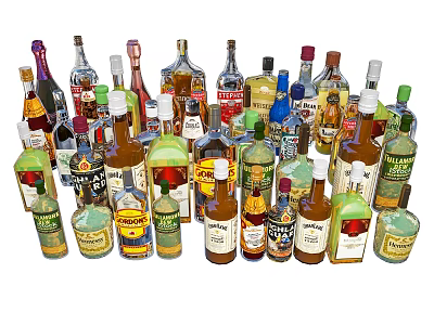 Assorted Wine And Alcohol Bottles Collection With Various Sizes Labels And Designs 3d model