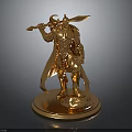 Golden Warrior Statue Holding Axe and Spear with Cloak on Round Base