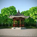 Chinese Style Garden Pavilion Landscaping With Pagoda Roof Wooden Columns And Surrounding Green Trees