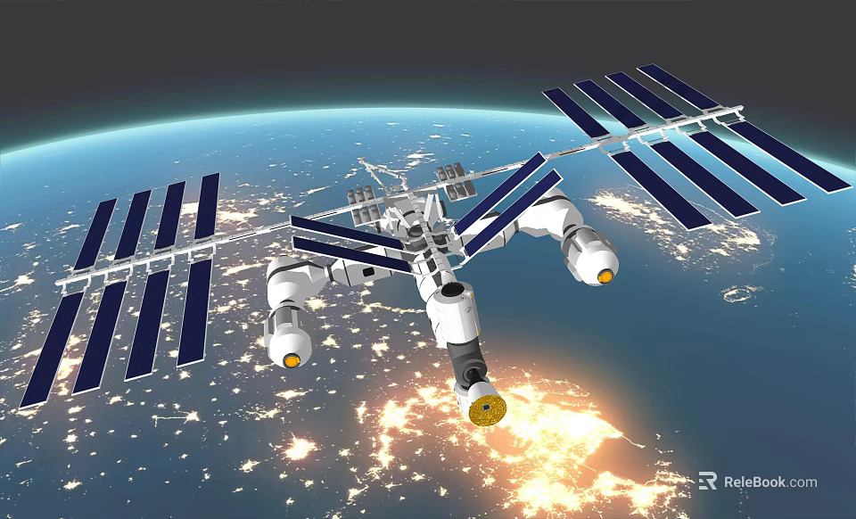 International Space Station With Solar Panels Orbiting Earth Over Illuminated Cities 3d model 